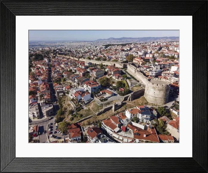 Framed Print : Drone view of Trigonion Chain defensive Tower and fortifications at upper town of Ano Poli in Thessaloniki, Greece, Europe Framed Print : Drone view of Trigonion Chain defensive Tower and fortifications at upper town of Ano Poli in Thessaloniki, Greece, Europe