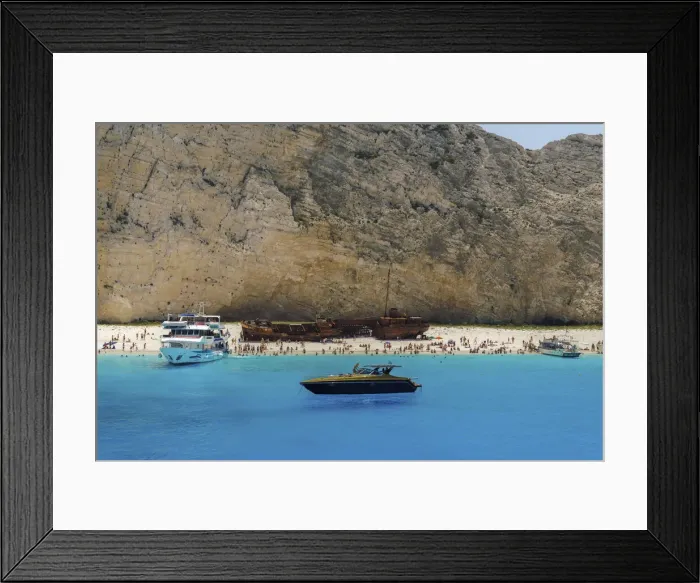Framed Print : Shipwreck on Navagio Beach, a famous beach with crystal clear waters, moored leisure boats and bathers, Zakynthos, Ionian Islands, Greek Islands, Greece, Europe Framed Print : Shipwreck on Navagio Beach, a famous beach with crystal clear waters, moored leisure boats and bathers, Zakynthos, Ionian Islands, Greek Islands, Greece, Europe