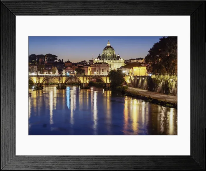 Framed Print : Night view of San Angelo Bridge on River Tiber with background of illuminated St. Peters Basilica in the Vatican, Rome, Lazio, Italy, Europe Framed Print : Night view of San Angelo Bridge on River Tiber with background of illuminated St. Peters Basilica in the Vatican, Rome, Lazio, Italy, Europe