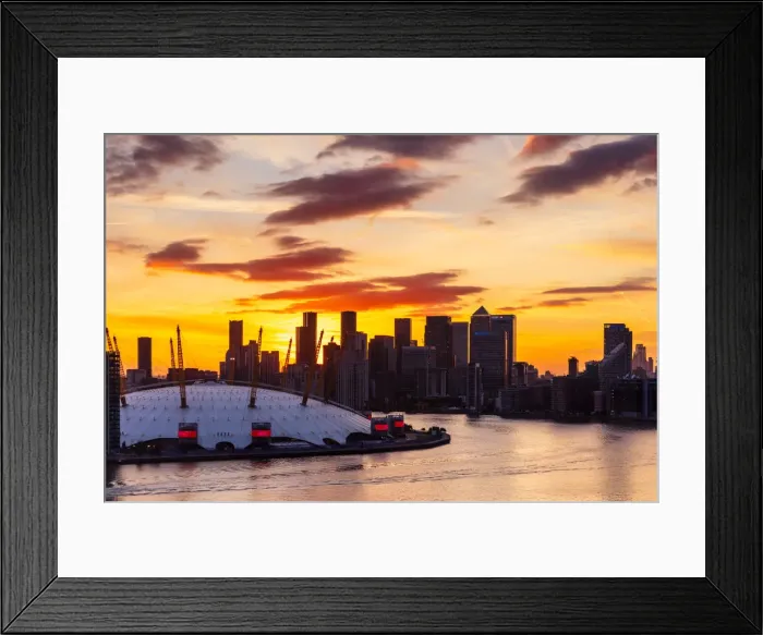 Framed Print : Sunset behind Canary Wharf, Docklands, and O2 Arena, London, England, United Kingdom, Europe Framed Print : Sunset behind Canary Wharf, Docklands, and O2 Arena, London, England, United Kingdom, Europe