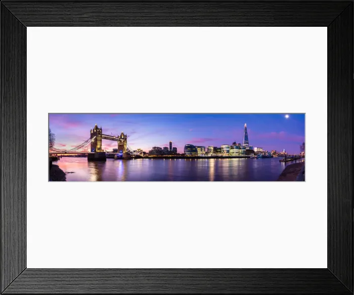 Framed Print : Panoramic view of Tower Bridge, The Shard, HMS Belfast, River Thames and London Bridge at sunrise, London, England, United Kingdom, Europe