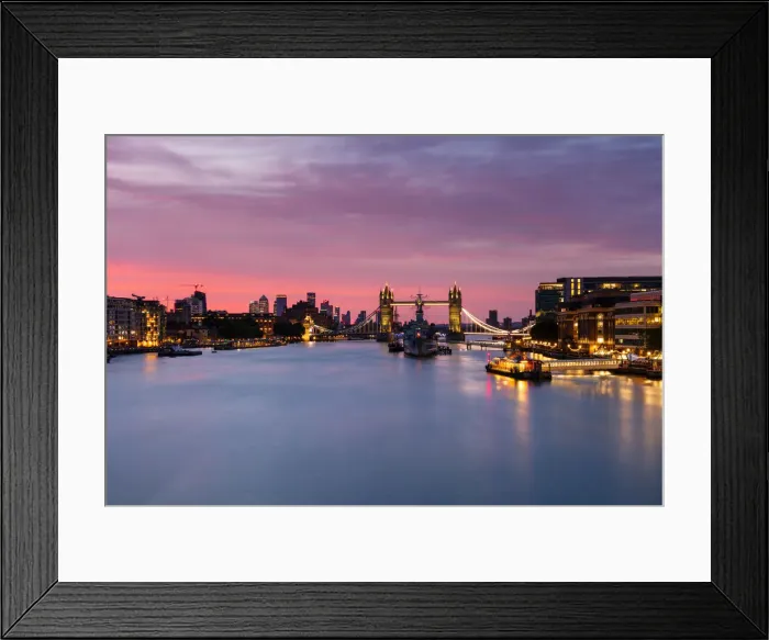 Framed Print : Tower Bridge, HMS Belfast, River Thames and Canary Wharf skyline at sunrise, London, England, United Kingdom, Europe Framed Print : Tower Bridge, HMS Belfast, River Thames and Canary Wharf skyline at sunrise, London, England, United Kingdom, Europe