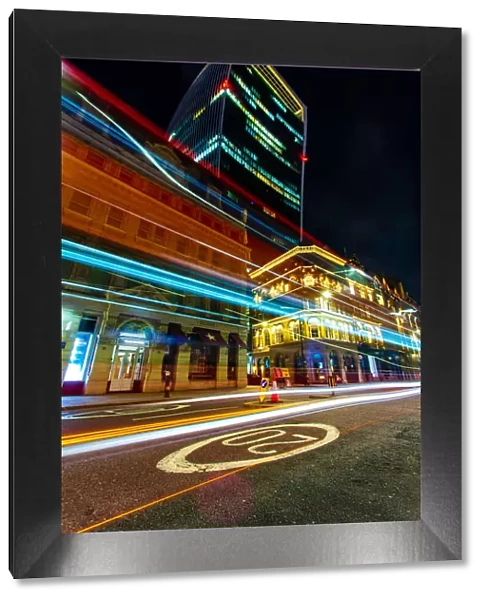 Walkie Talkie Building (20 Fenchurch Street) with light trails at night, City of London, London, England, United Kingdom, Europe