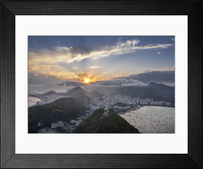 Framed Print : Sunset over the city skyline and Rios mountains and beaches from the summit of Sugar Loaf mountain, Rio de Janeiro, Brazil, South America Framed Print : Sunset over the city skyline and Rios mountains and beaches from the summit of Sugar Loaf mountain, Rio de Janeiro, Brazil, South America