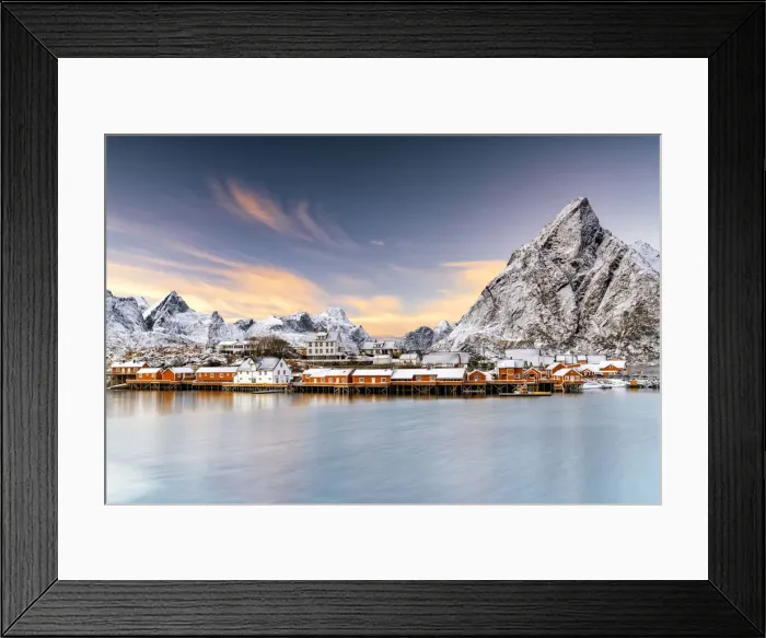 Framed Print : Winter sunset over snowcapped mountains and Sakrisoy village by the frozen sea, Reine, Nordland, Lofoten Islands, Norway, Scandinavia, Europe Framed Print : Winter sunset over snowcapped mountains and Sakrisoy village by the frozen sea, Reine, Nordland, Lofoten Islands, Norway, Scandinavia, Europe