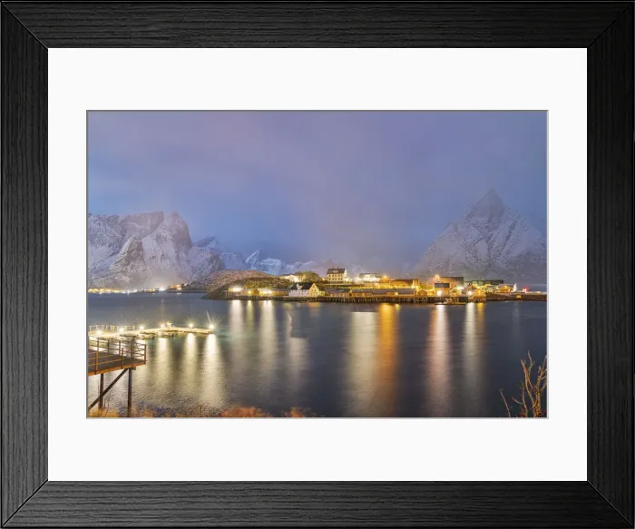 Framed Print : Illuminated Rorbu and houses in night fog during the cold winter, Sakrisoy, Reine, Nordland county, Lofoten Islands, Norway, Scandinavia, Europe Framed Print : Illuminated Rorbu and houses in night fog during the cold winter, Sakrisoy, Reine, Nordland county, Lofoten Islands, Norway, Scandinavia, Europe