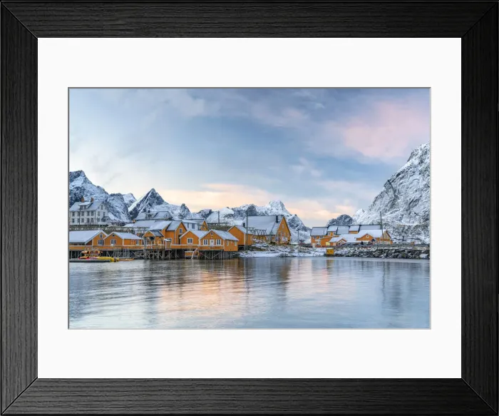 Framed Print : Fishermens wood cabins covered with snow at sunset in the tiny village of Sakrisoy, Reine, Nordland, Lofoten Islands, Norway, Scandinavia, Europe Framed Print : Fishermens wood cabins covered with snow at sunset in the tiny village of Sakrisoy, Reine, Nordland, Lofoten Islands, Norway, Scandinavia, Europe