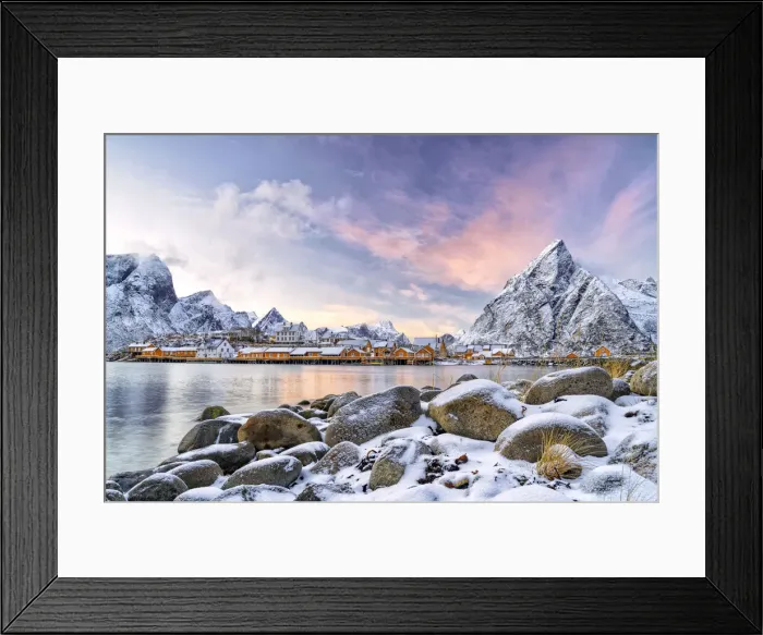 Framed Print : Traditional Rorbu in the fishing village of Sakrisoy at sunset in winter, Reine, Nordland county, Lofoten Islands, Norway, Scandinavia, Europe Framed Print : Traditional Rorbu in the fishing village of Sakrisoy at sunset in winter, Reine, Nordland county, Lofoten Islands, Norway, Scandinavia, Europe