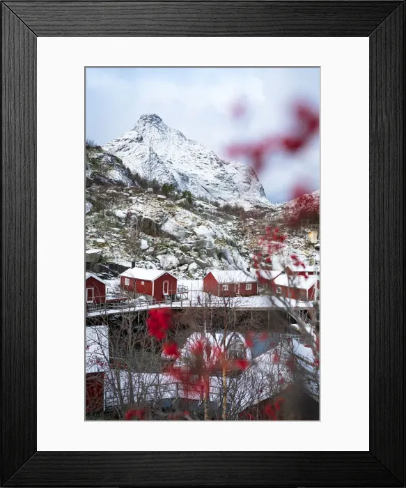 Framed Print : Red Rorbu cabins framed by snowcapped mountains in winter, Nusfjord, Nordland county, Lofoten Islands, Norway, Scandinavia, Europe Framed Print : Red Rorbu cabins framed by snowcapped mountains in winter, Nusfjord, Nordland county, Lofoten Islands, Norway, Scandinavia, Europe
