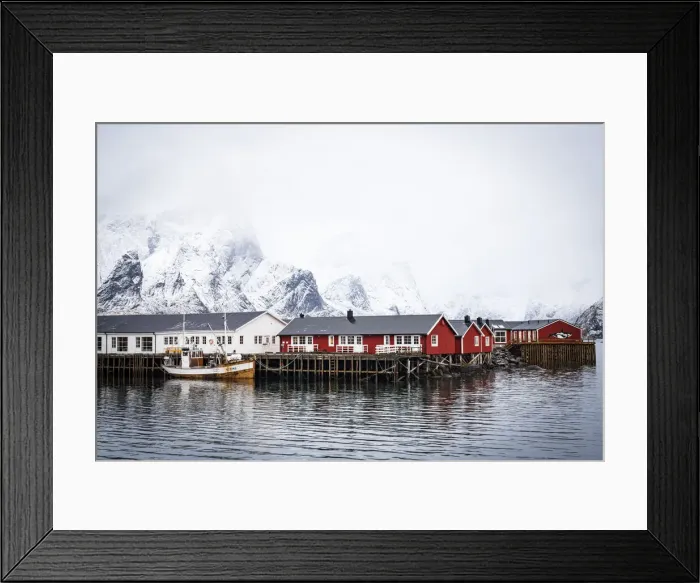 Framed Print : Foggy sky over snowcapped mountains and traditional Rorbu cabins by the sea, Hamnoy, Nordland county, Lofoten Islands, Norway, Scandinavia, Europe Framed Print : Foggy sky over snowcapped mountains and traditional Rorbu cabins by the sea, Hamnoy, Nordland county, Lofoten Islands, Norway, Scandinavia, Europe