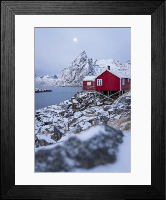 Framed Print : Red fishermens cabins covered with snow at dusk, Hamnoy, Nordland county, Lofoten Islands, Norway, Scandinavia, Europe Framed Print : Red fishermens cabins covered with snow at dusk, Hamnoy, Nordland county, Lofoten Islands, Norway, Scandinavia, Europe