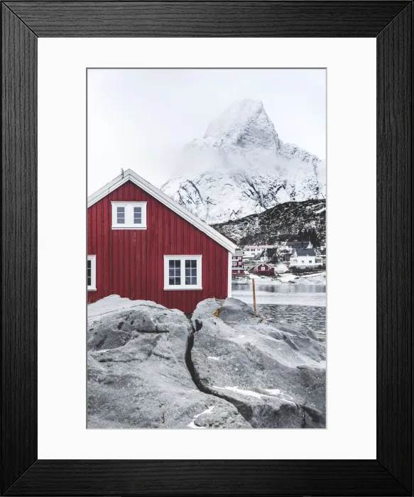 Framed Print : Red Rorbu in the frozen landscape with snowcapped Olstind mountain in the background, Reine, Nordland, Lofoten Islands, Norway, Scandinavia, Europe Framed Print : Red Rorbu in the frozen landscape with snowcapped Olstind mountain in the background, Reine, Nordland, Lofoten Islands, Norway, Scandinavia, Europe