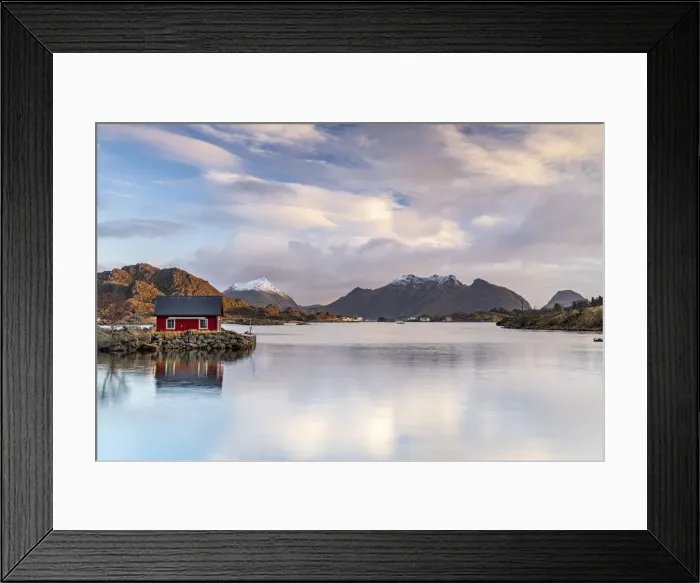 Framed Print : Isolated fishermans cabin reflected in the sea at dawn, Ballstad, Vestvagoy, Nordland county, Lofoten Islands, Norway, Scandinavia, Europe Framed Print : Isolated fishermans cabin reflected in the sea at dawn, Ballstad, Vestvagoy, Nordland county, Lofoten Islands, Norway, Scandinavia, Europe