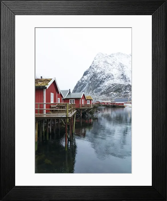 Framed Print : Red Rorbu cabins with grass roof in the small port of Reine, Nordland county, Lofoten Islands, Norway, Scandinavia, Europe