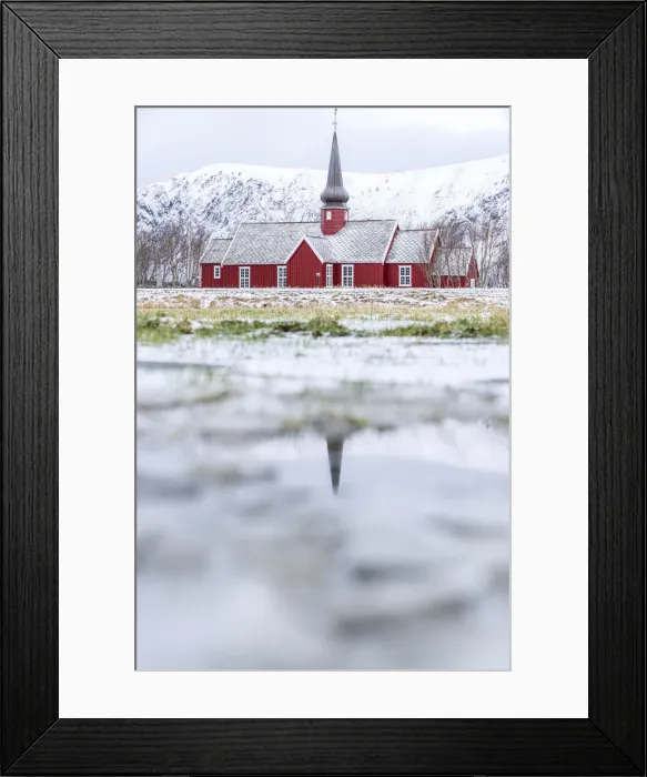 Framed Print : Church of Flakstad reflected in a pond in winter, Nordland county, Lofoten Islands, Norway, Scandinavia, Europe Framed Print : Church of Flakstad reflected in a pond in winter, Nordland county, Lofoten Islands, Norway, Scandinavia, Europe