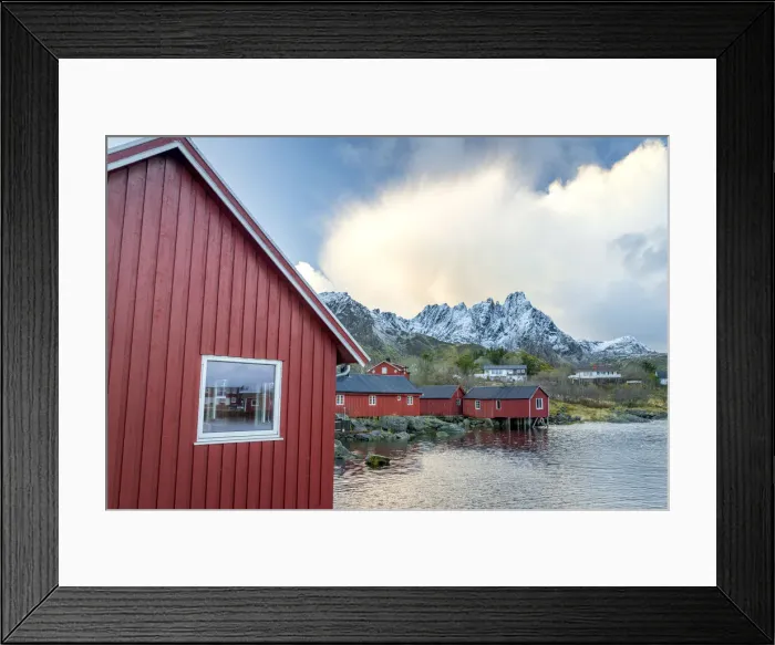 Framed Print : Traditional red wooden houses of fishermen at sunset, Ballstad, Vestvagoy, Nordland county, Lofoten Islands, Norway, Scandinavia, Europe Framed Print : Traditional red wooden houses of fishermen at sunset, Ballstad, Vestvagoy, Nordland county, Lofoten Islands, Norway, Scandinavia, Europe