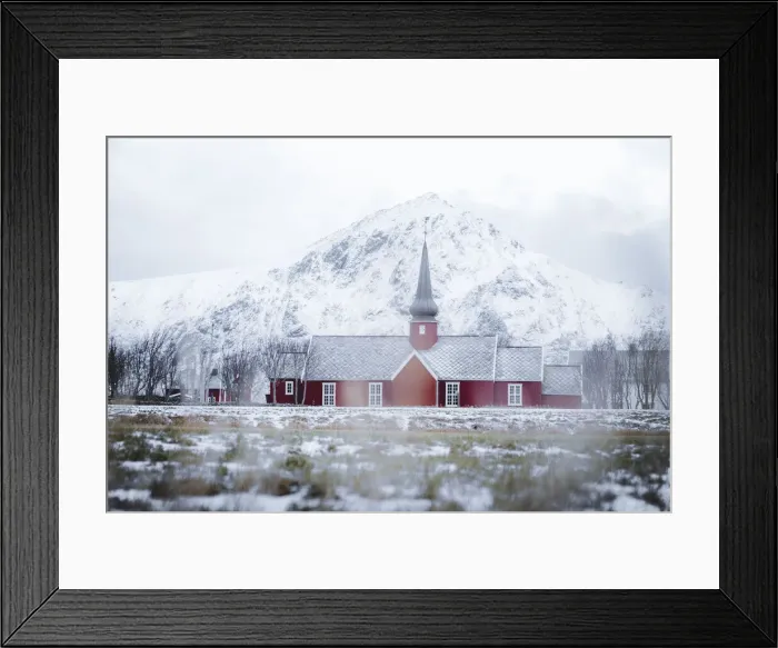 Framed Print : Red church of Flakstad in winter fog, Flakstad, Nordland county, Lofoten Islands, Norway, Scandinavia, Europe Framed Print : Red church of Flakstad in winter fog, Flakstad, Nordland county, Lofoten Islands, Norway, Scandinavia, Europe