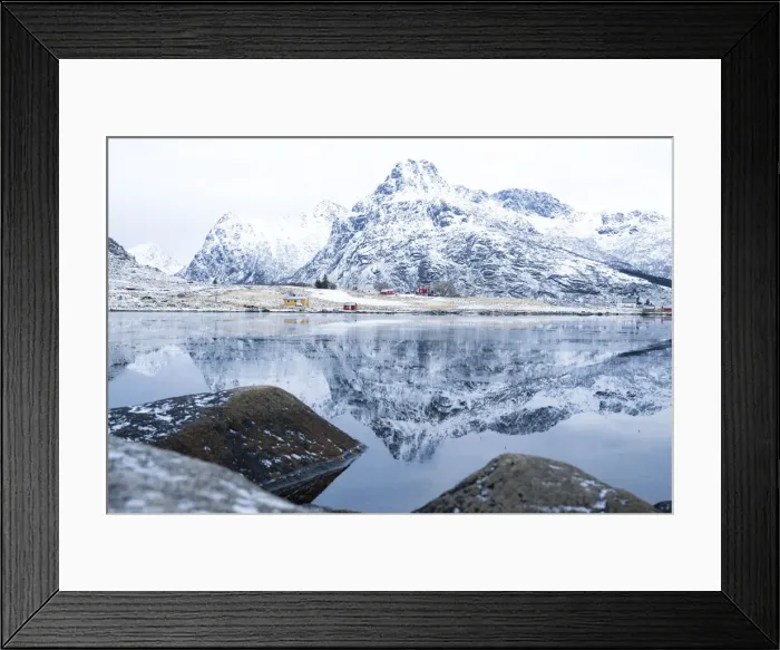 Framed Print : Majestic mountain peaks mirrored in the icy sea in winter, Flakstadpollen, Flakstadoya, Nordland, Lofoten Islands, Norway, Scandinavia, Europe Framed Print : Majestic mountain peaks mirrored in the icy sea in winter, Flakstadpollen, Flakstadoya, Nordland, Lofoten Islands, Norway, Scandinavia, Europe
