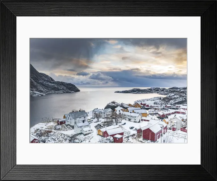 Framed Print : Aerial view of traditional wood houses covered with snow in winter, Nusfjord, Nordland county, Lofoten Islands, Norway, Scandinavia, Europe Framed Print : Aerial view of traditional wood houses covered with snow in winter, Nusfjord, Nordland county, Lofoten Islands, Norway, Scandinavia, Europe