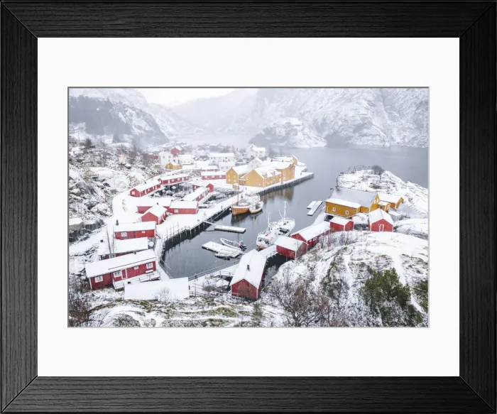 Framed Print : High angle view of traditional fishermens cabins and harbor covered with snow, Nusfjord, Nordland, Lofoten Islands, Norway, Scandinavia, Europe Framed Print : High angle view of traditional fishermens cabins and harbor covered with snow, Nusfjord, Nordland, Lofoten Islands, Norway, Scandinavia, Europe