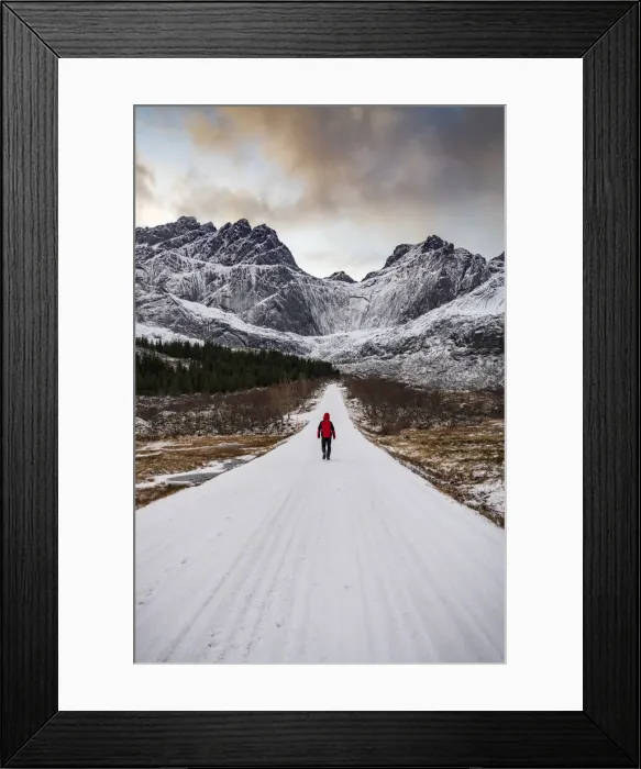 Framed Print : Man walking on empty mountain road covered with snow in winter, Nusfjord, Nordland county, Lofoten Islands, Norway, Scandinavia, Europe Framed Print : Man walking on empty mountain road covered with snow in winter, Nusfjord, Nordland county, Lofoten Islands, Norway, Scandinavia, Europe