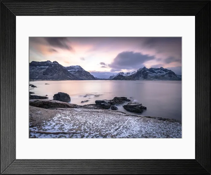 Framed Print : Clouds at dawn over the cold sea and Vareid beach covered with snow, Flakstad, Nordland county, Lofoten Islands, Norway, Scandinavia, Europe Framed Print : Clouds at dawn over the cold sea and Vareid beach covered with snow, Flakstad, Nordland county, Lofoten Islands, Norway, Scandinavia, Europe