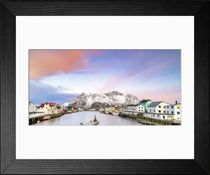 Framed Print : Pink Arctic sunrise over traditional houses in the fishing village of Henningsvaer in winter, Nordland, Lofoten Islands, Norway, Scandinavia, Europe Framed Print : Pink Arctic sunrise over traditional houses in the fishing village of Henningsvaer in winter, Nordland, Lofoten Islands, Norway, Scandinavia, Europe