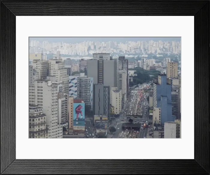 Framed Print : Elevated view of downtown skyscrapers, heavy traffic on Avenue Prestes Maia, rainy season sky, Sao Paulo, Brazil, South America