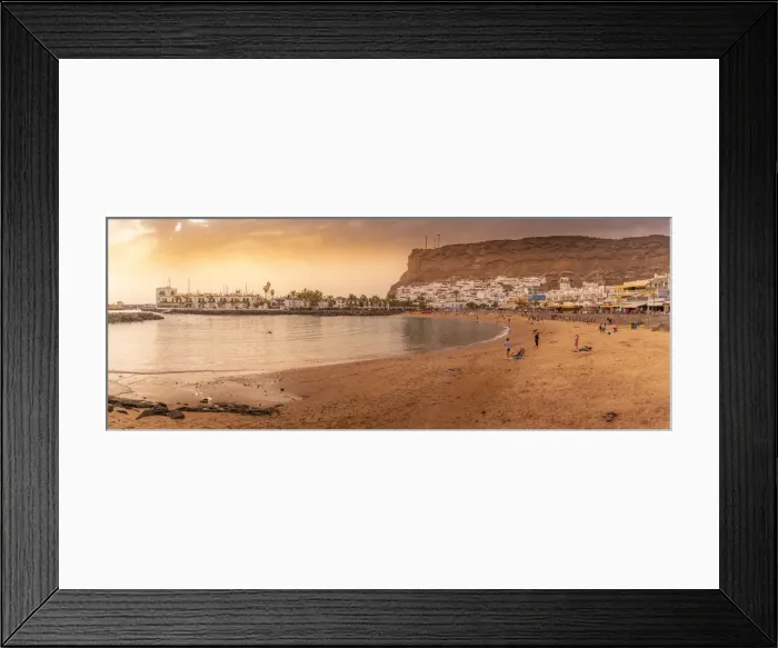 Framed Print : View of Puerto de Mogan beach and town at golden hour, Playa de Puerto Rico, Gran Canaria, Canary Islands, Spain, Atlantic, Europe
