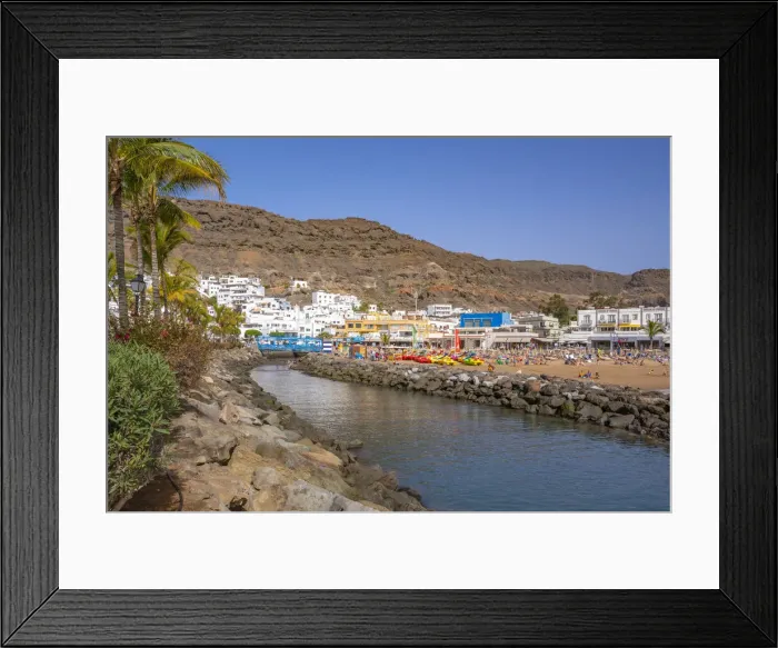 Framed Print : View of beach and colourful buildings along the promenade in the old town, Playa de Mogan, Gran Canaria, Canary Islands, Spain, Atlantic, Europe