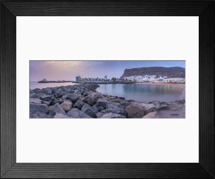 Framed Print : View of Puerto de Mogan beach and town at sunset, Playa de Puerto Rico, Gran Canaria, Canary Islands, Spain, Atlantic, Europe