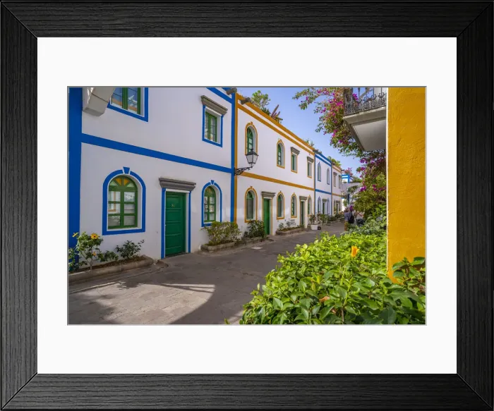 Framed Print : View of colourful houses in back street of the old town, Puerto de Mogan, Gran Canaria, Canary Islands, Spain, Atlantic, Europe Framed Print : View of colourful houses in back street of the old town, Puerto de Mogan, Gran Canaria, Canary Islands, Spain, Atlantic, Europe