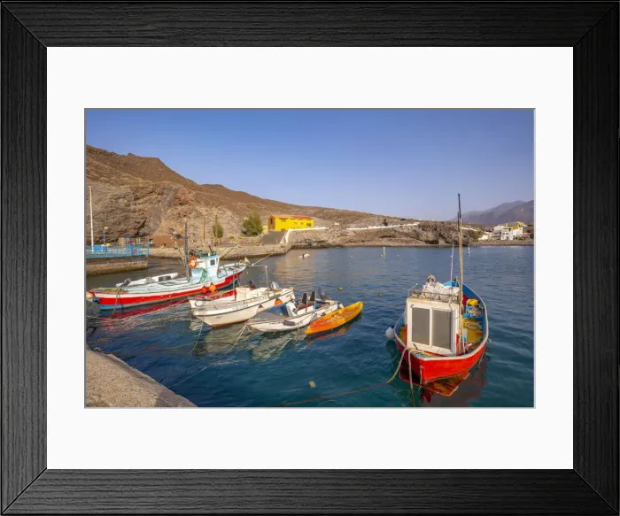 Framed Print : View of colourful boats in harbour and mountains in background, Puerto de La Aldea, Gran Canaria, Canary Islands, Spain, Atlantic, Europe Framed Print : View of colourful boats in harbour and mountains in background, Puerto de La Aldea, Gran Canaria, Canary Islands, Spain, Atlantic, Europe