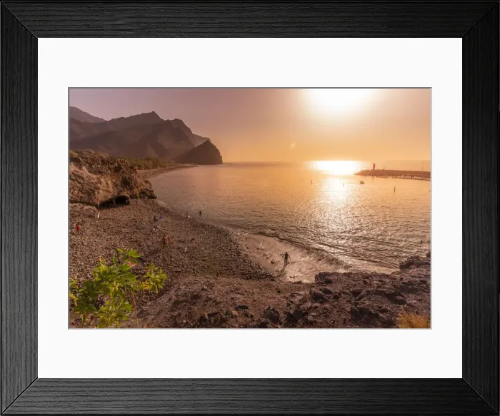 Framed Print : View of beach and coastline with mountains in background during golden hour, Puerto de La Aldea, Gran Canaria, Canary Islands, Spain, Atlantic, Europe Framed Print : View of beach and coastline with mountains in background during golden hour, Puerto de La Aldea, Gran Canaria, Canary Islands, Spain, Atlantic, Europe