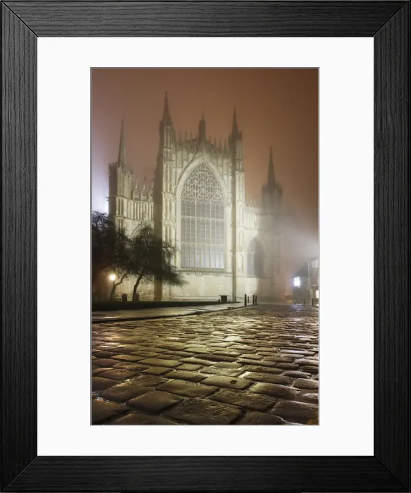 Framed Print : An atmospheric misty mid-winter view of York Minsters East window after dark, York, Yorkshire, England, United Kingdom, Europe