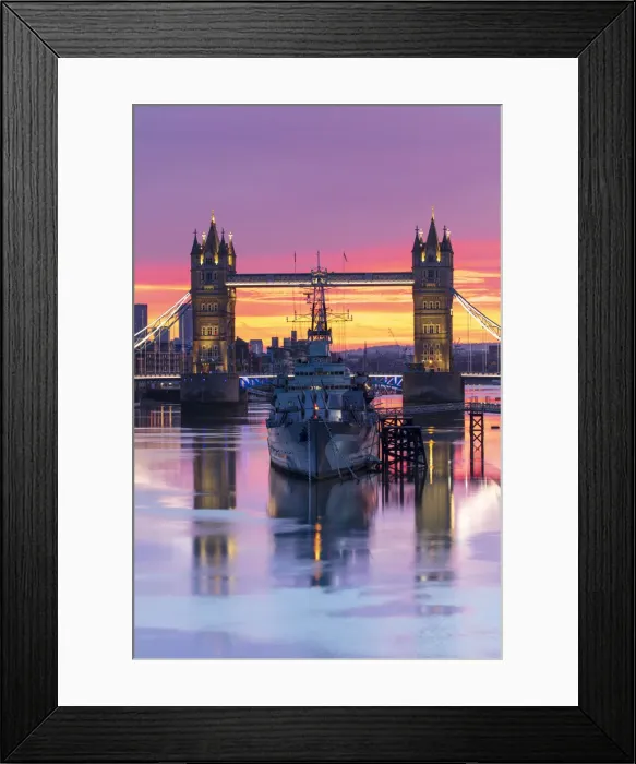 Framed Print : Tower Bridge and HMS Belfast reflecting in a still River Thames at sunset, London, England, United Kingdom, Europe Framed Print : Tower Bridge and HMS Belfast reflecting in a still River Thames at sunset, London, England, United Kingdom, Europe