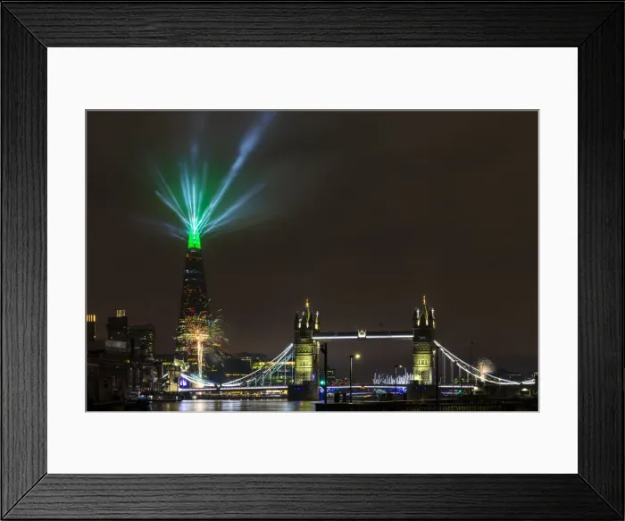 Framed Print : New Year 2022 firework and light display by The Shard and Tower Bridge, London, England, United Kingdom, Europe
