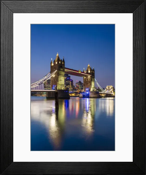 Framed Print : Tower Bridge and The City of London skyscrapers reflecting in River Thames at sunset, London, England, United Kingdom, Europe