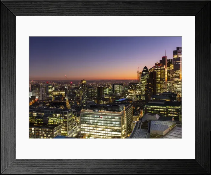 Framed Print : Aerial view of London skyline at sunset, including City of London skyscrapers, London, England, United Kingdom, Europe Framed Print : Aerial view of London skyline at sunset, including City of London skyscrapers, London, England, United Kingdom, Europe