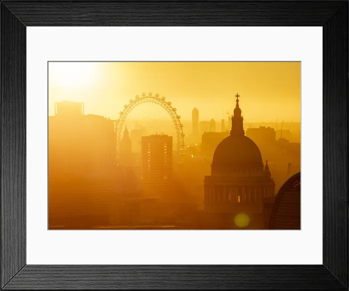 Framed Print : Aerial view of London skyline at sunset, including London Eye and St. Pauls Cathedral, London, England, United Kingdom, Europe Framed Print : Aerial view of London skyline at sunset, including London Eye and St. Pauls Cathedral, London, England, United Kingdom, Europe