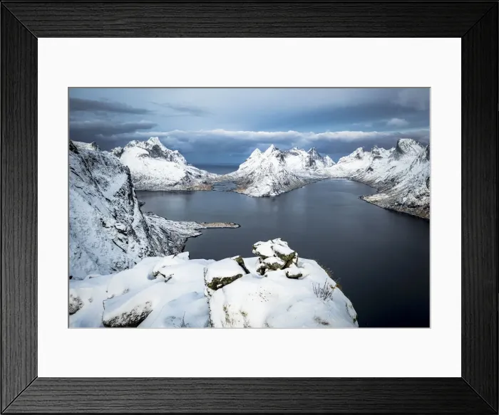 Framed Print : Aerial view of Reine Bay and mountains covered with snow in winter, Nordland, Lofoten Islands, Norway, Scandinavia, Europe Framed Print : Aerial view of Reine Bay and mountains covered with snow in winter, Nordland, Lofoten Islands, Norway, Scandinavia, Europe