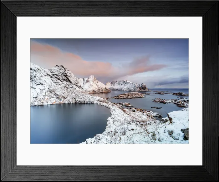 Framed Print : Aerial view of frozen lake Reinevatnet, Reine Bay and Olstind mountain covered with snow at dawn, Lofoten Islands, Norway, Scandinavia, Europe Framed Print : Aerial view of frozen lake Reinevatnet, Reine Bay and Olstind mountain covered with snow at dawn, Lofoten Islands, Norway, Scandinavia, Europe