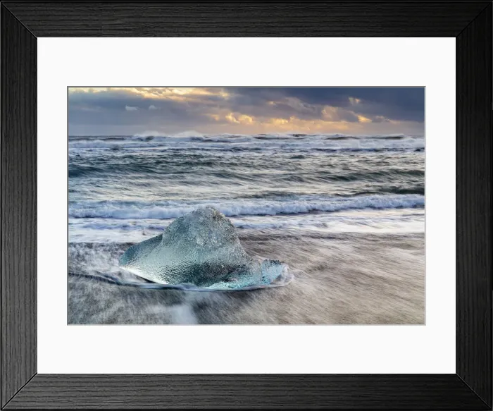 Framed Print : Iceberg from melting glacier on black sand beach near Jokulsarlon glacier lagoon, Vatnajokull National Park, Iceland, Polar Regions Framed Print : Iceberg from melting glacier on black sand beach near Jokulsarlon glacier lagoon, Vatnajokull National Park, Iceland, Polar Regions