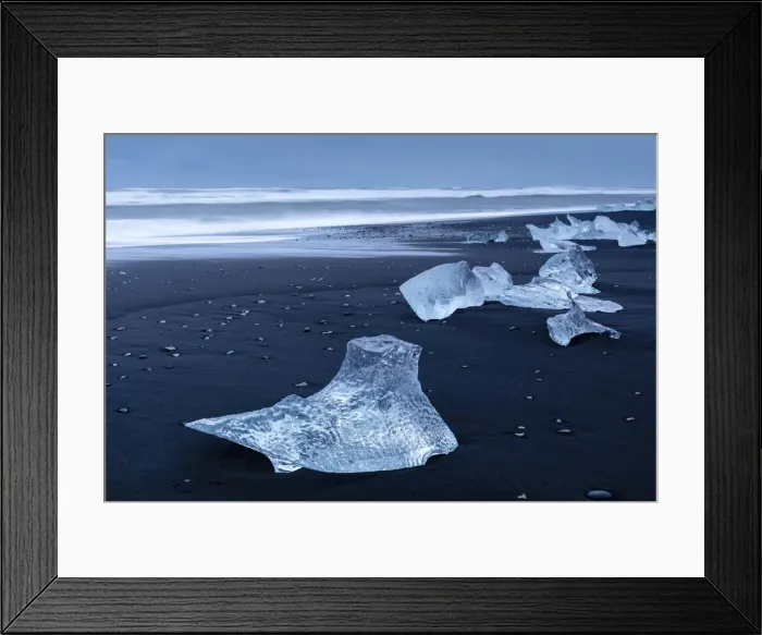 Framed Print : Icebergs from melting glacier on black sand beach near Jokulsarlon glacier lagoon, Vatnajokull National Park, Iceland Framed Print : Icebergs from melting glacier on black sand beach near Jokulsarlon glacier lagoon, Vatnajokull National Park, Iceland