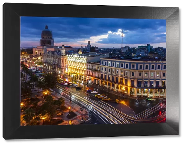 Dusk view of El Capitolio building, Parque Central and buildings, Havana, Cuba, West Indies, Central America