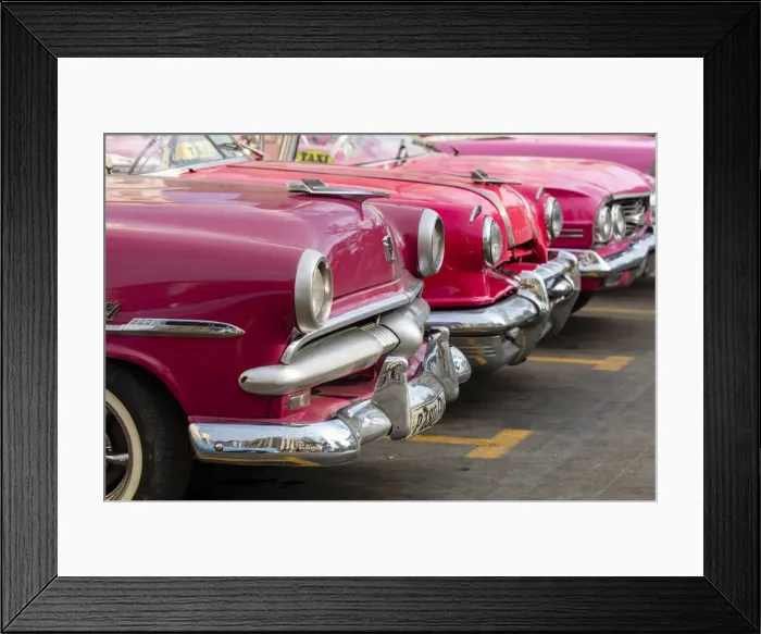 Framed Print : Red and pink vintage American car taxis on street in Havana, Cuba, West Indies, Central America Framed Print : Red and pink vintage American car taxis on street in Havana, Cuba, West Indies, Central America