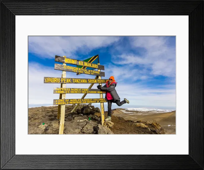 Framed Print : Woman excited she made it to Uhuru Peak on Mount Kilimanjaro, UNESCO World Heritage Site, Tanzania, East Africa, Africa Framed Print : Woman excited she made it to Uhuru Peak on Mount Kilimanjaro, UNESCO World Heritage Site, Tanzania, East Africa, Africa
