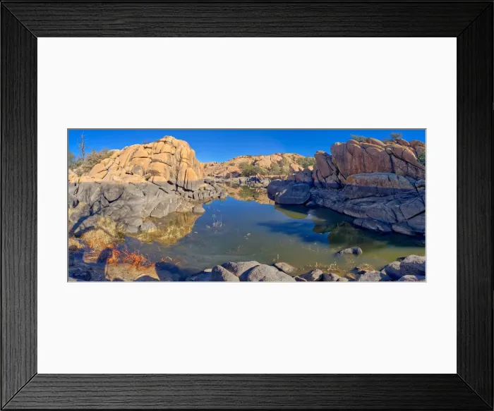 Framed Print : Reflective lagoon along East Bay Trail of Willow Lake, gray line on rock is where the water level used to be, Prescott, Arizona, United States of America, North America Framed Print : Reflective lagoon along East Bay Trail of Willow Lake, gray line on rock is where the water level used to be, Prescott, Arizona, United States of America, North America