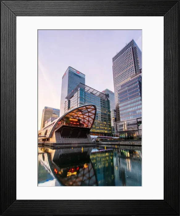 Framed Print : Crossrail station and office buildings reflecting in dock before sunrise, Canary Wharf, Docklands, London, England, United Kingdom, Europe