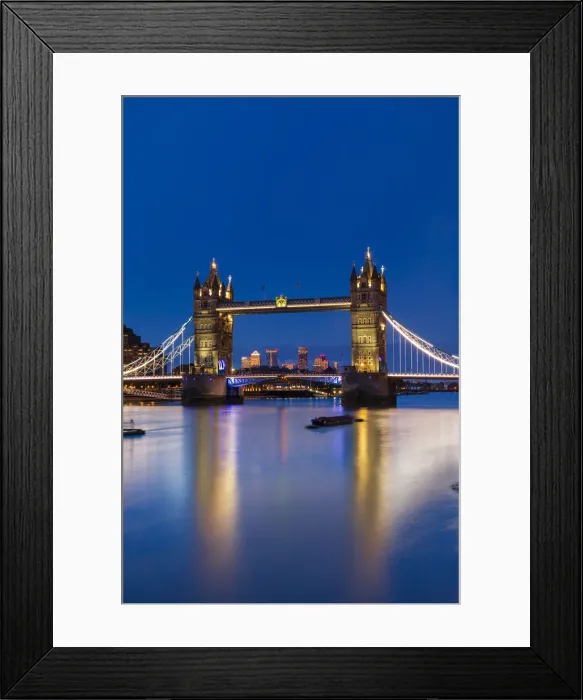 Framed Print : Tower Bridge at sunset with Canary Wharf skyline in background, London, England, United Kingdom, Europe